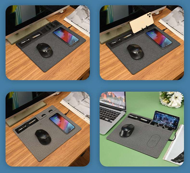 Gray desk mat with phone, mouse, and laptop on a wooden desk