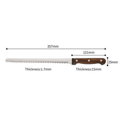 Bread knife size diagram with handle and blade dimensions in mm