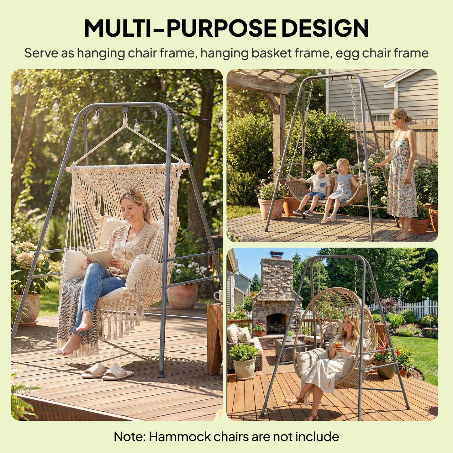 Gray hammock chair stand frame for hanging a swing seat, shown in indoor and outdoor use