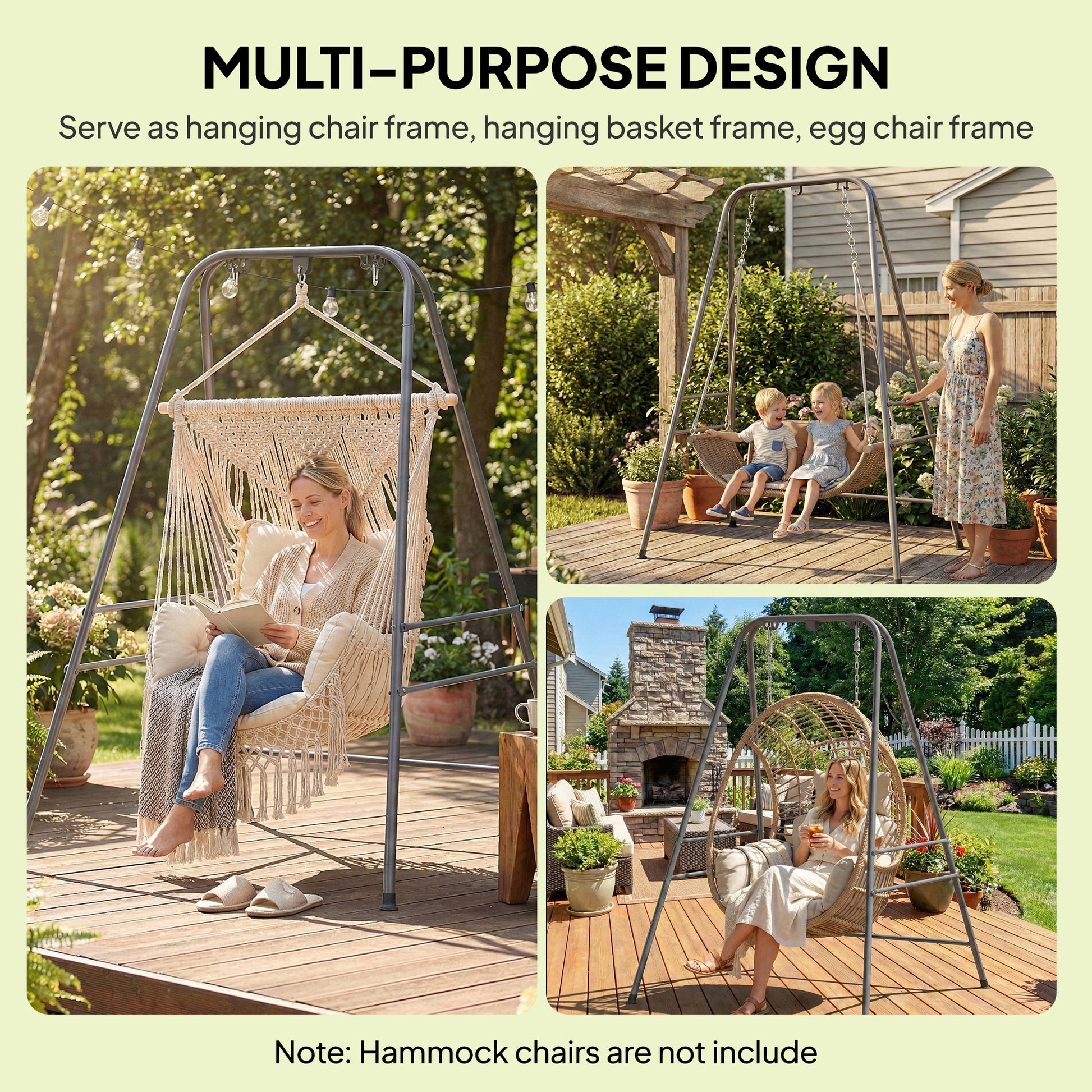 Gray hammock chair stand frame for hanging a swing seat, shown in indoor and outdoor use