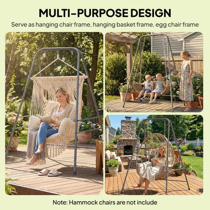 Gray hammock chair stand frame for hanging a swing seat, shown in indoor and outdoor use