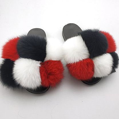 Fox Fur Ball Slippers For Outer Wear