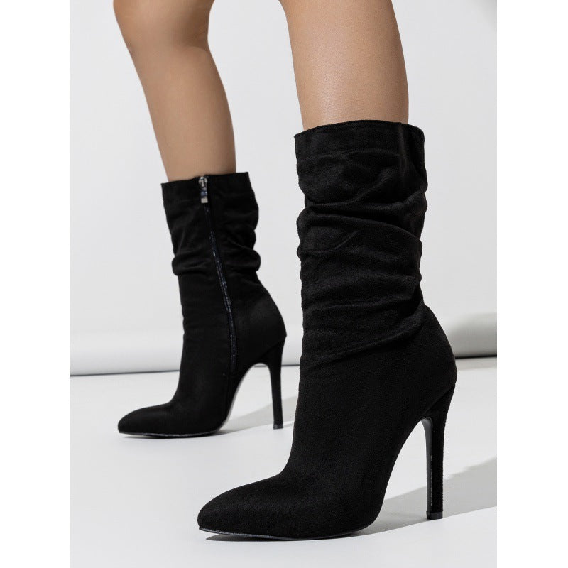 New Wrinkle Suede Stiletto Boots - Pointed Toe Mid-Length Boots | Ectron Online