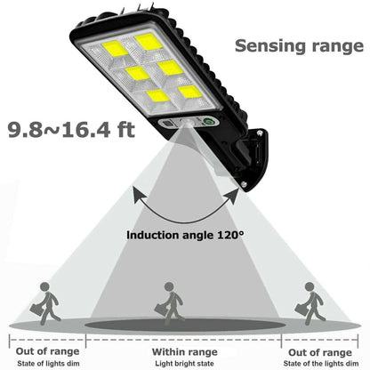 Black solar street light with motion sensor, showing angled detection coverage