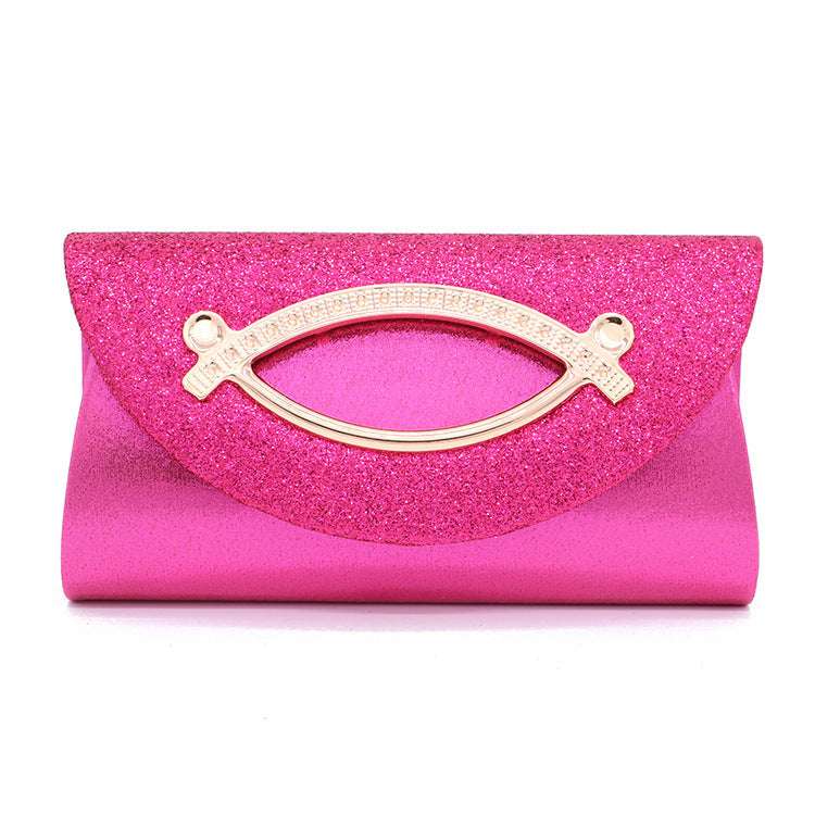 Magenta pink sequin clutch bag with gold oval clasp and snap front