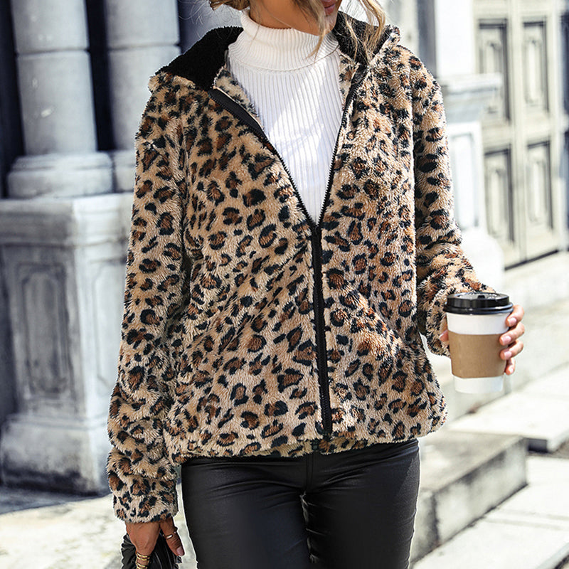 Women's Fuzzy Leopard Jacket | Hooded Plush Zip-Up Winter Coat