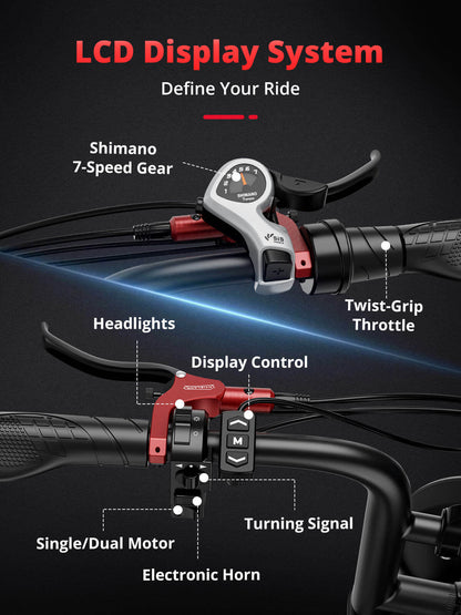 E-bike handlebar with LCD display, twist-grip throttle, and brake lever controls