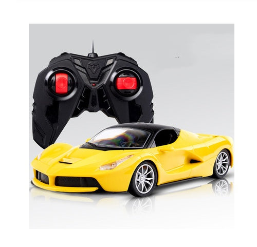 Yellow 1:16 RC racing car with black remote control and red indicator lights
