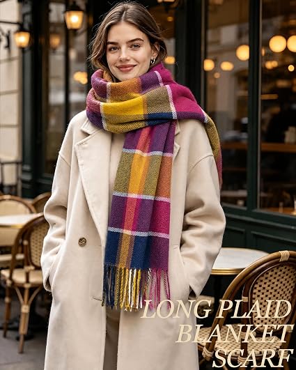 Women's plaid scarf in mustard, burgundy, navy, and cream, worn on model
