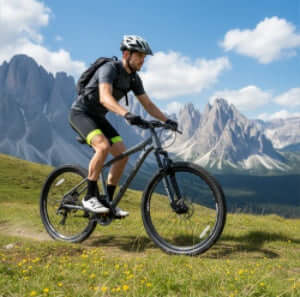 All-terrain mountain bike ridden by cyclist on grassy trail