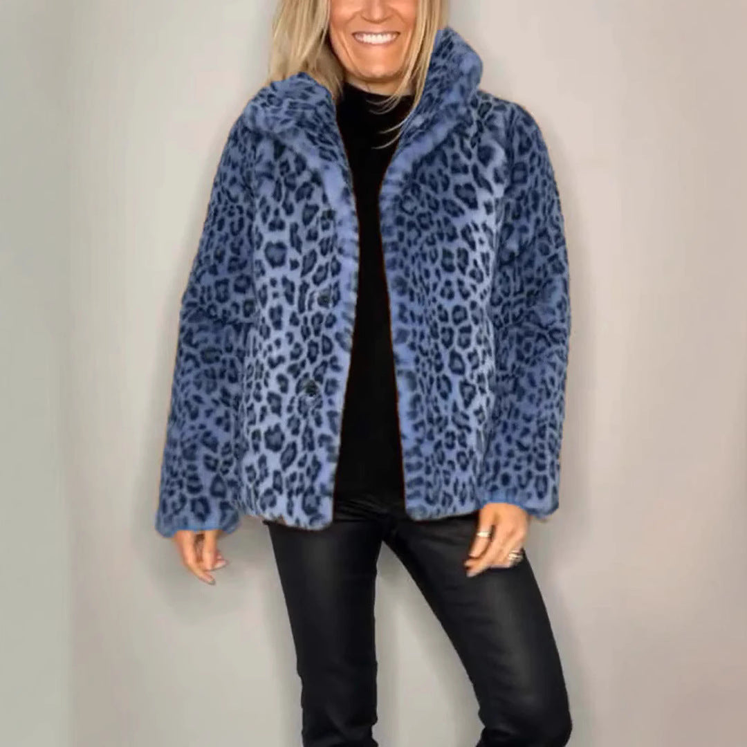 Women's Leopard Print Faux Leather Jacket | Woolen Lapel Winter Top