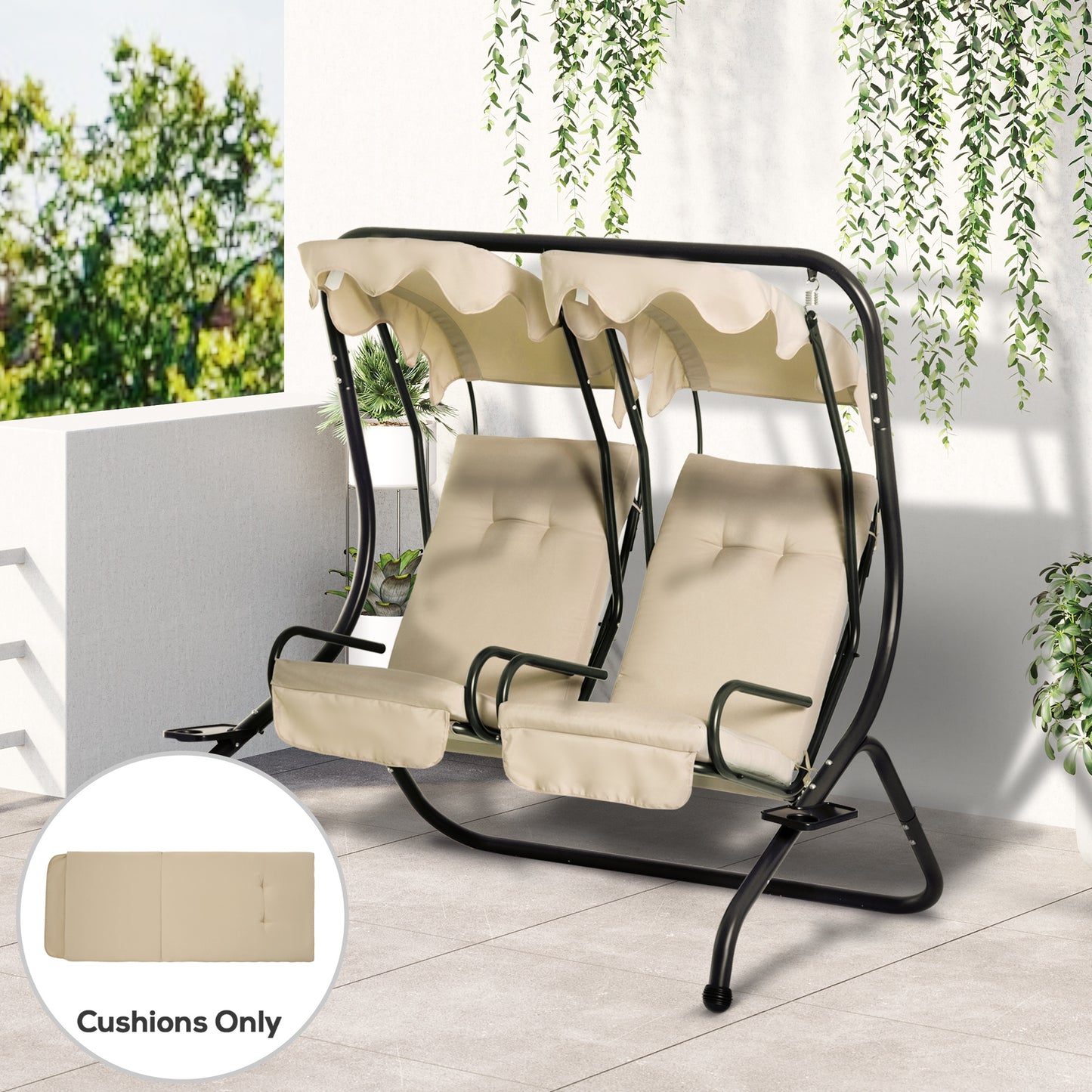 Beige Outdoor Porch Swing Cushions - Set of 2 Tufted Replacement Pads