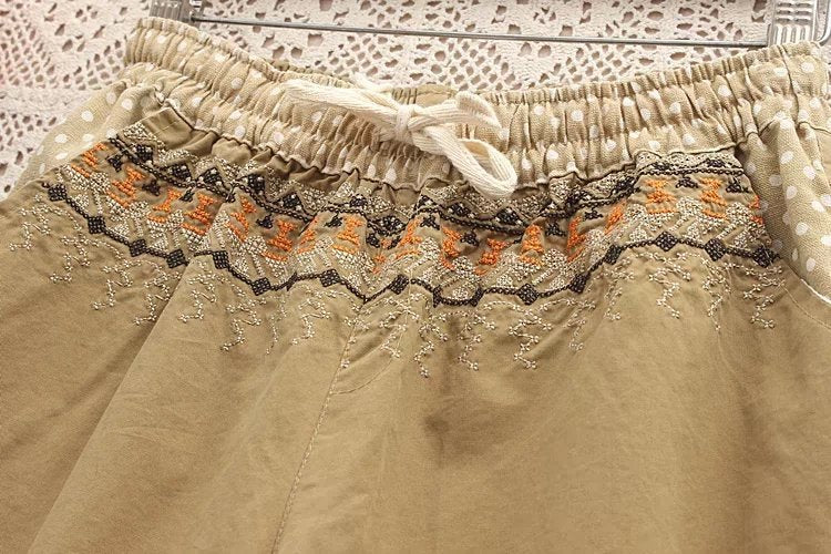 Japanese Embroidered Cotton And Linen Pants For Women