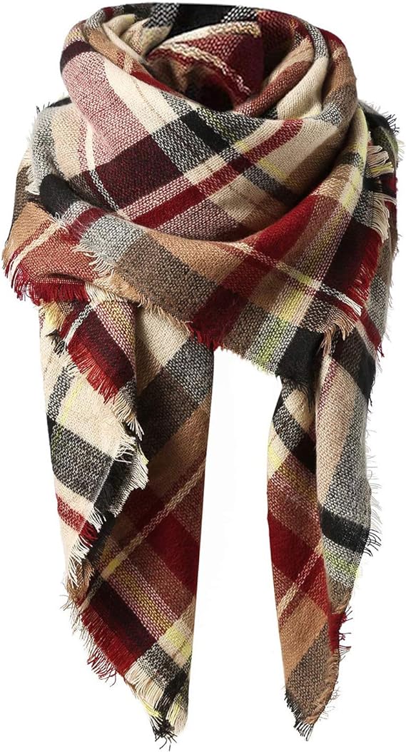 Multicolor plaid scarf with fringed ends, draped and looped.