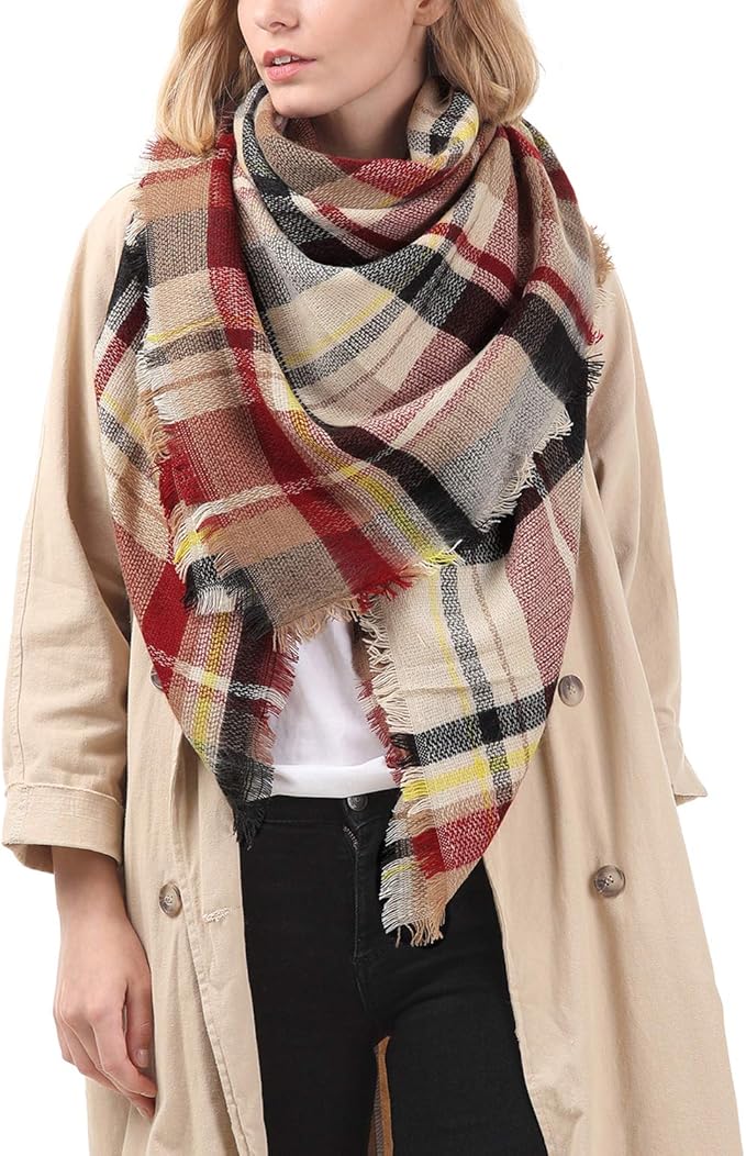 Women’s plaid scarf in red, cream, and black with fringed edges