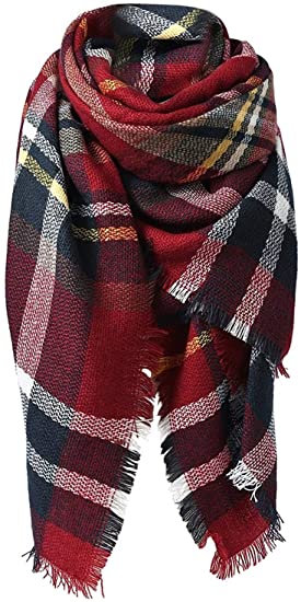 Burgundy plaid scarf with black, white, and gold stripes and fringed ends