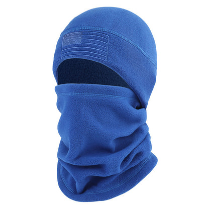 Blue balaclava with a flag patch on a white background
