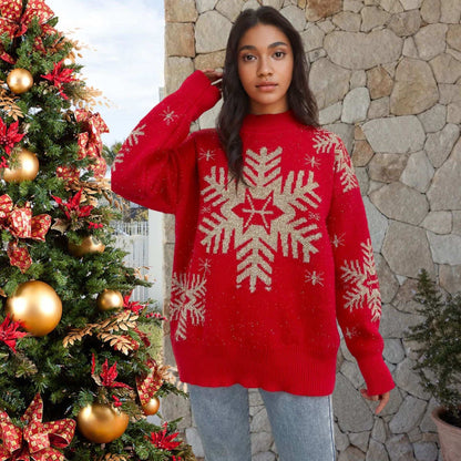 Women's Sweater Gold Thread Snowflake Half Turtleneck Jacquard Loose-fitting
