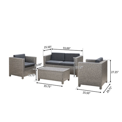Gray patio seating set layout with loveseat, 2 armchairs, and ottoman dimensions