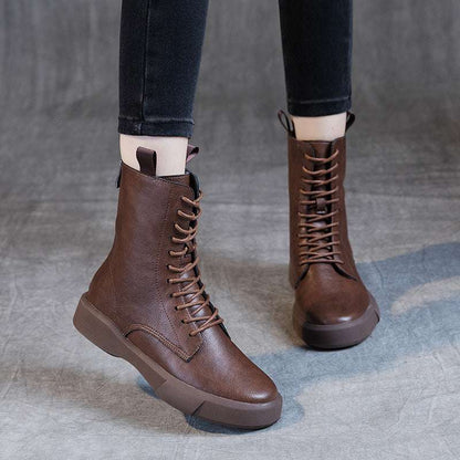 Flat Heel Retro Low Leather Boots Soft Bottom Lace Up Back Zipper