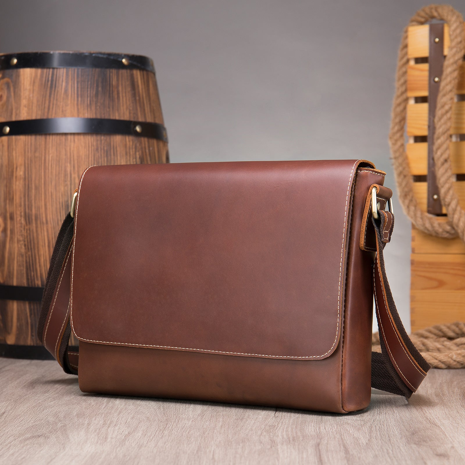Men's retro shoulder bag, medium brown leather with flap closure and shoulder strap