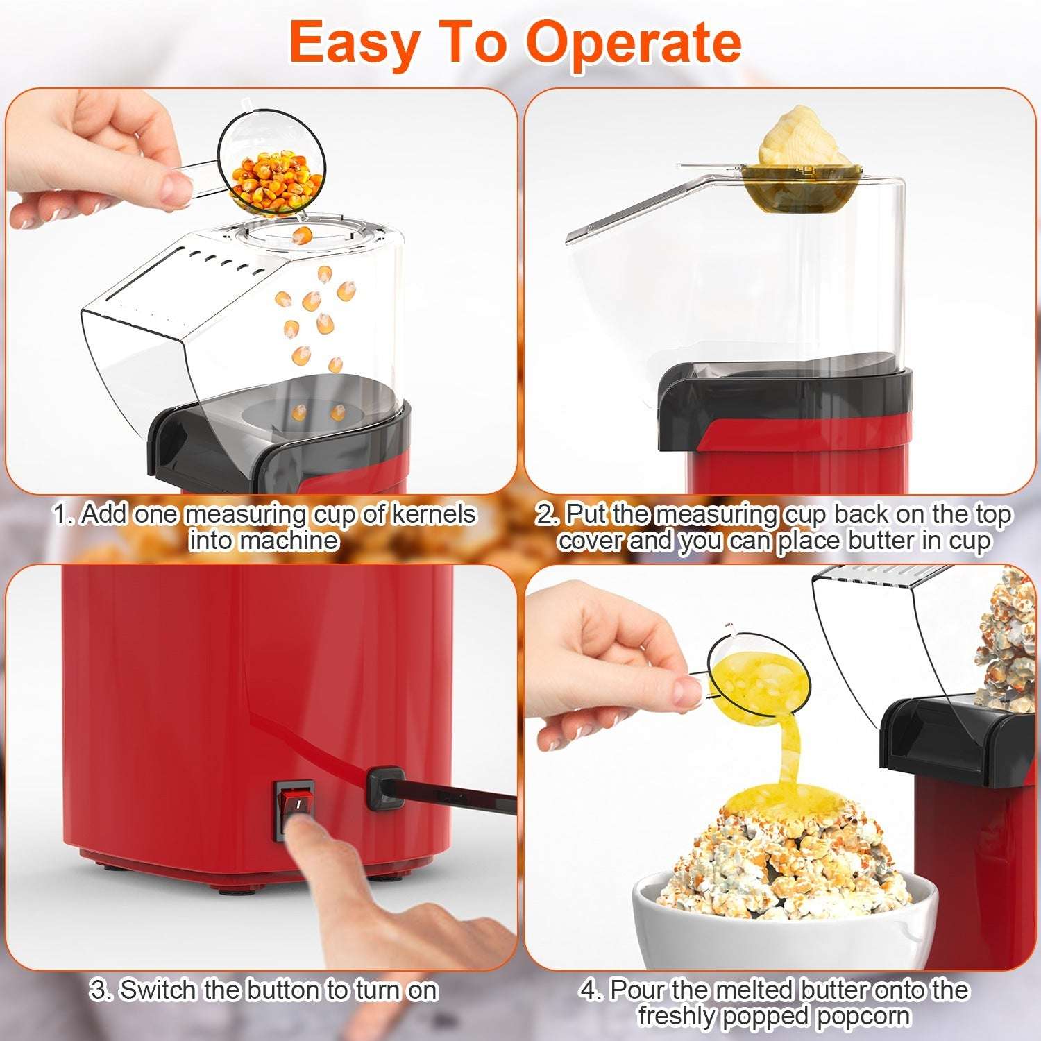 Instructions for operating a red popcorn maker with text 'Easy To Operate'.