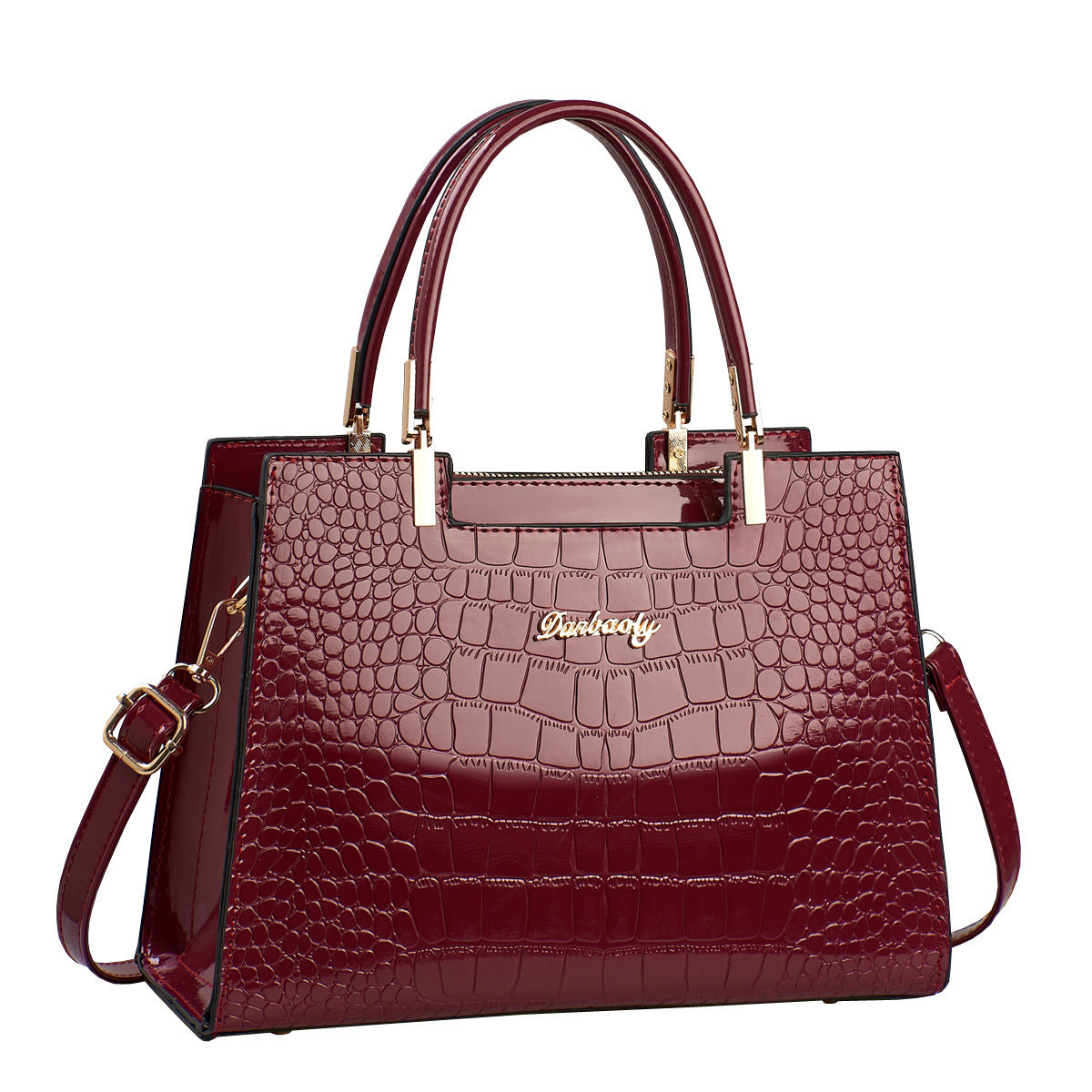 Burgundy croc-texture handbag with top handles and crossbody strap