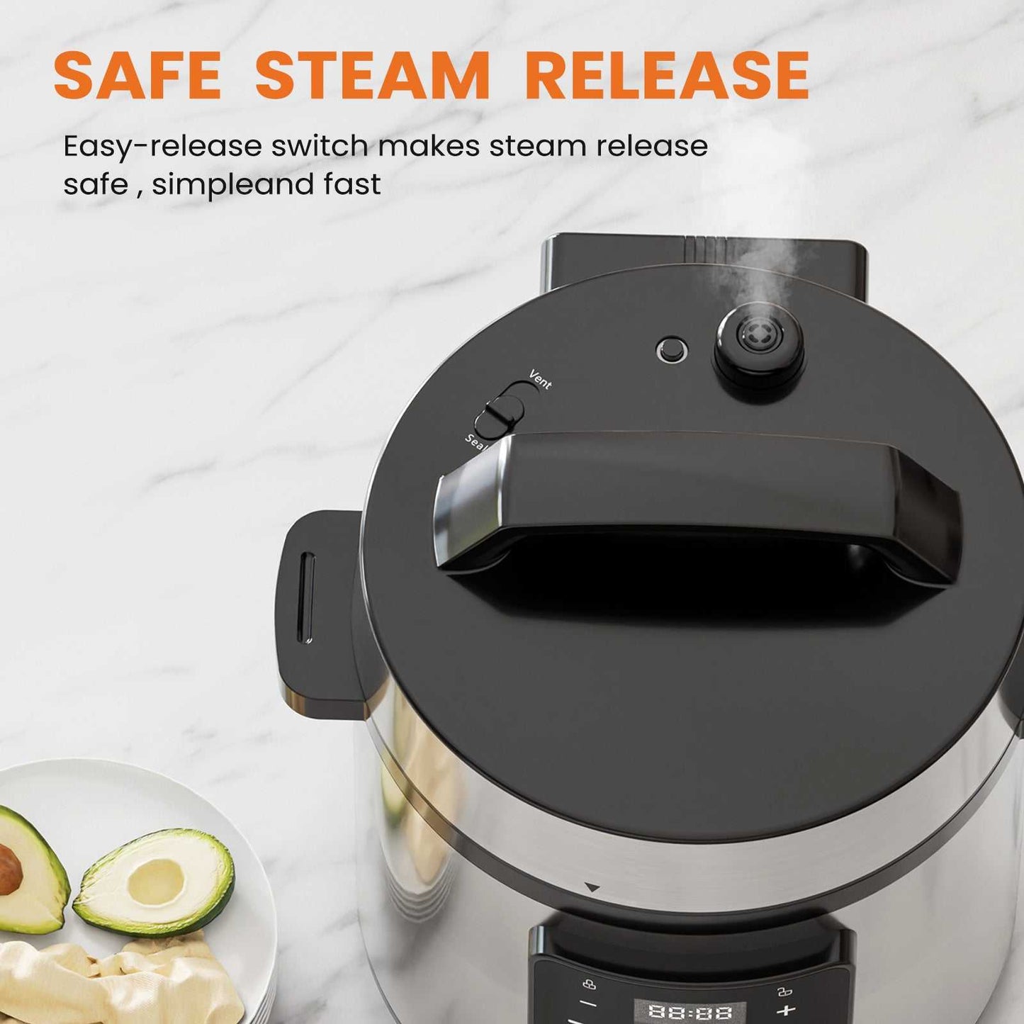 Electric pressure cooker with black lid and vent steam release switch, stainless pot