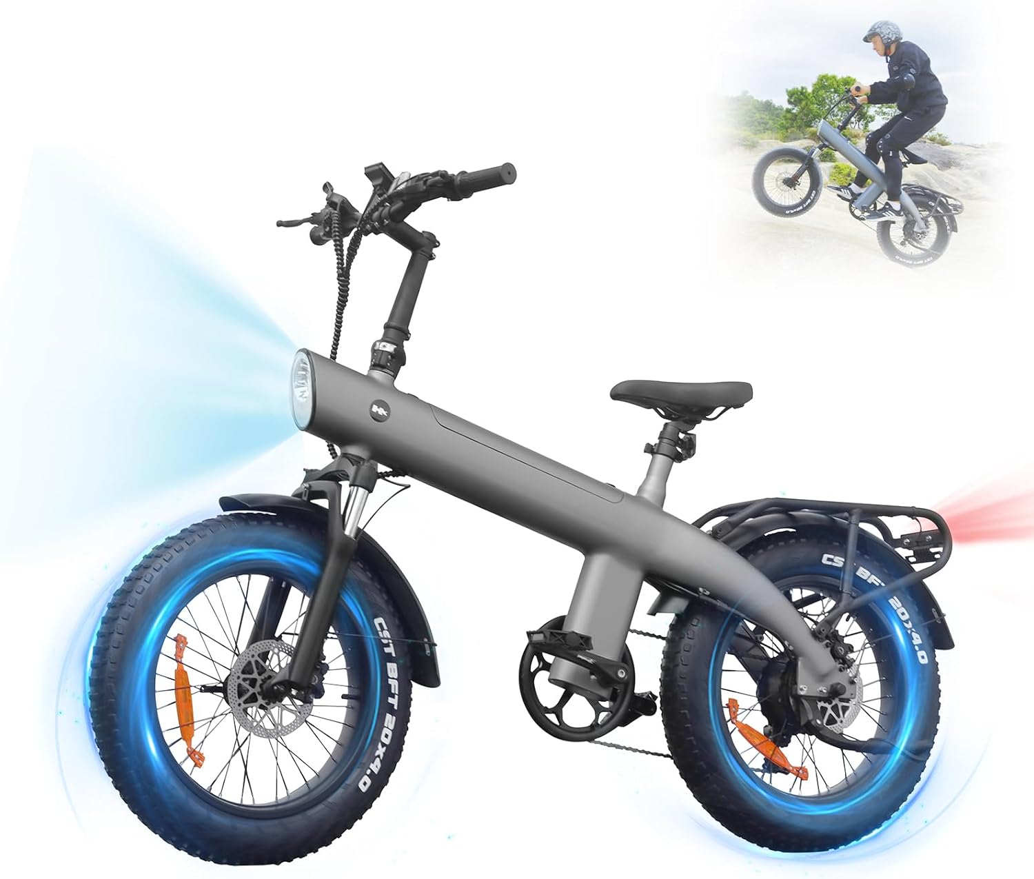 Grey electric dirt bike with blue-tinted rims, front three-quarter view, adult style seat