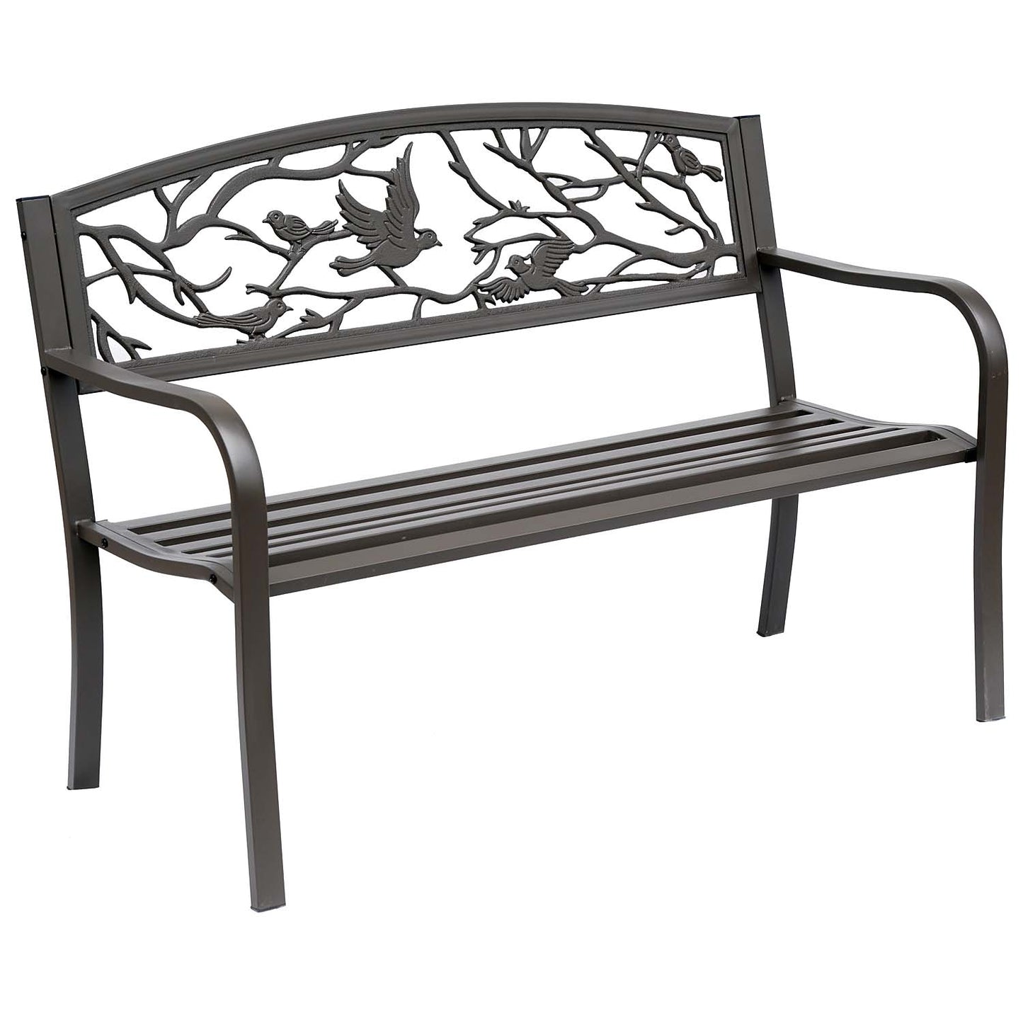 Brown cast iron garden bench with bird-pattern backrest and slatted seat, side view