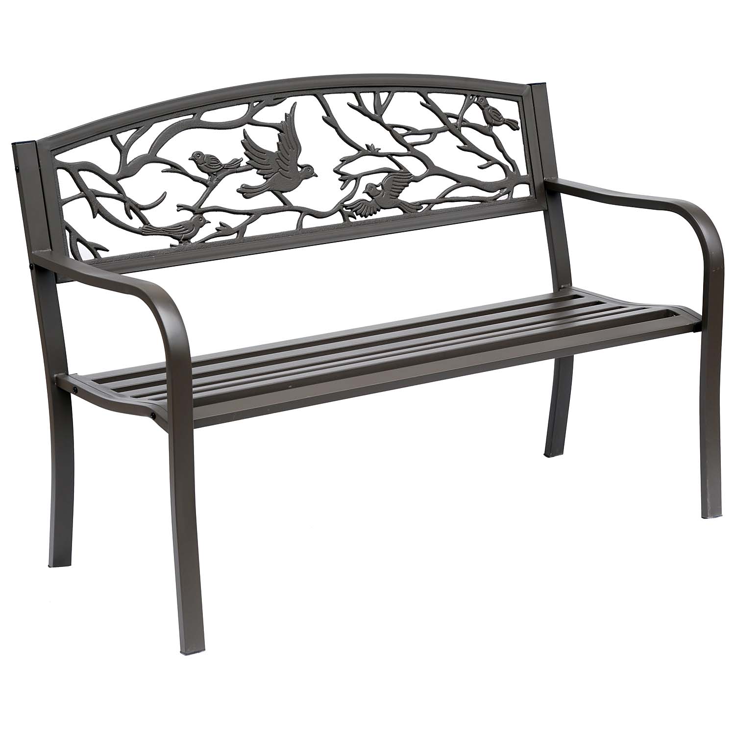 Brown cast iron garden bench with bird-pattern backrest and slatted seat, side view