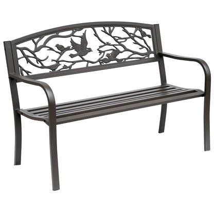 Brown cast iron garden bench with bird-pattern backrest and slatted seat, side view