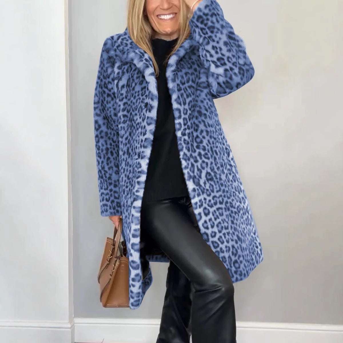 Cozy Leopard Print Mid-Length Coat Fall Winter Leopard Print Plush Mid-leng | Ectron Online