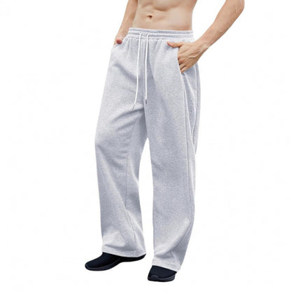 Men's light gray sweatpants with elastic waist and drawstring, straight loose fit