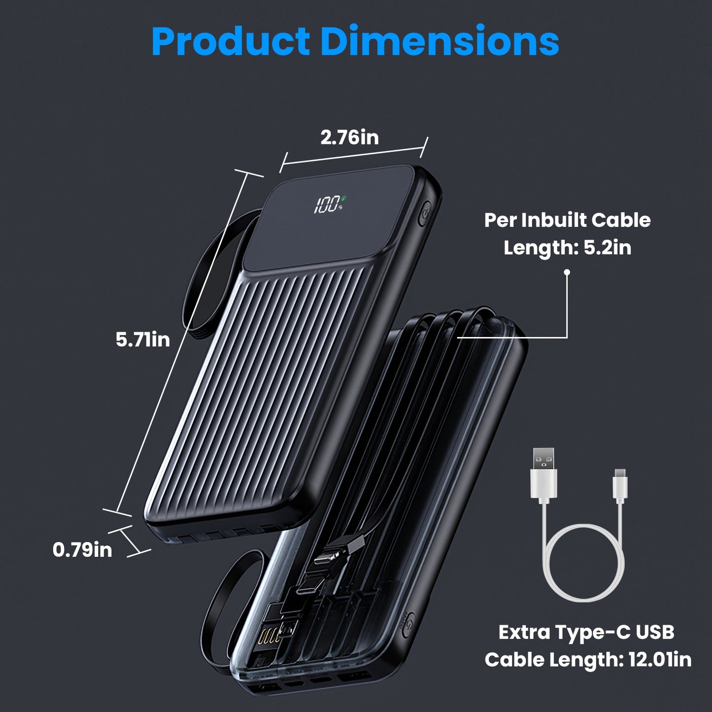 20000mAh PD22W Fast Charging Power Bank | Built-in Cables & LED Display