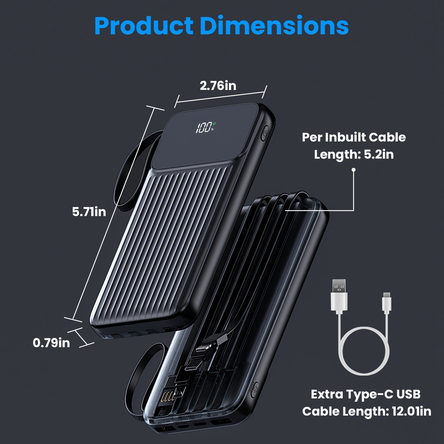 20000mAh PD22W Fast Charging Power Bank | Built-in Cables & LED Display