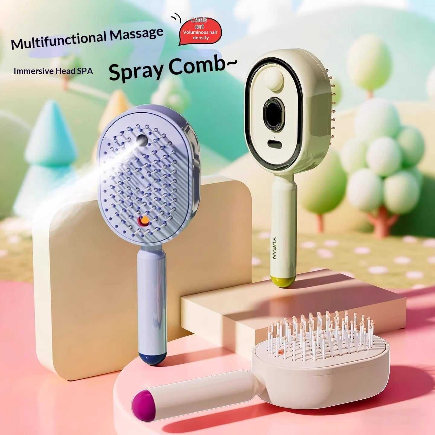 Electric spray massage comb with beige head and massage bristles, produces essential-oil mist