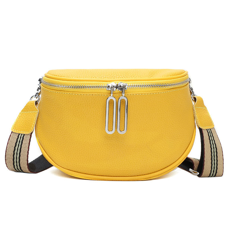 Yellow cowhide women’s shoulder bag with double-zip and O0 metal logo, striped strap