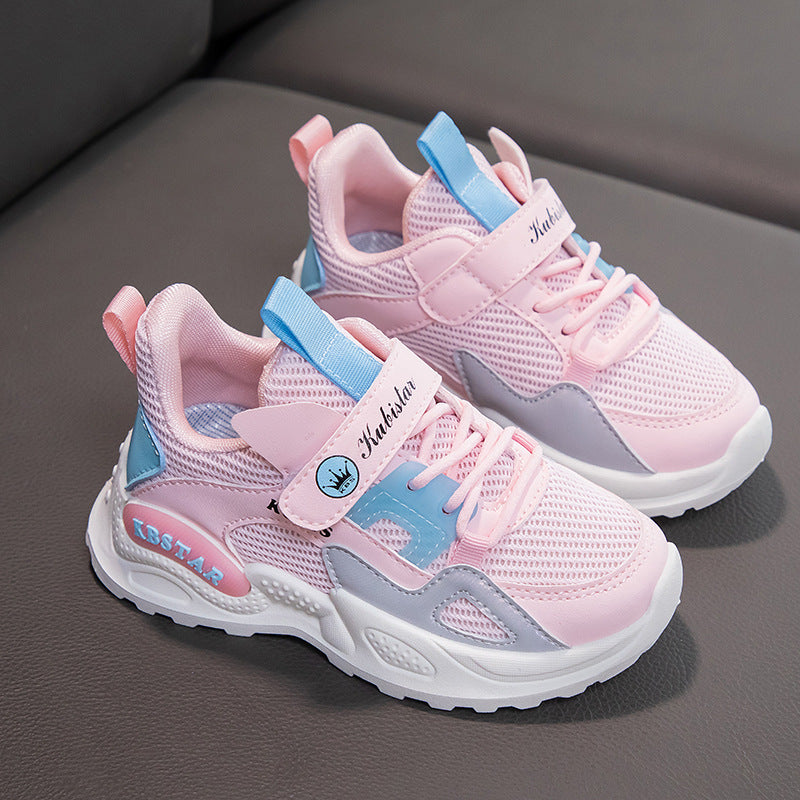 Girls' lightweight running sneakers in pink with blue heel accents and textured mesh upper.