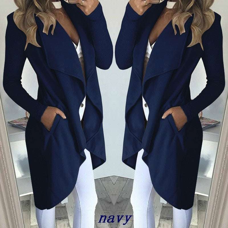 Plus Size Long Trench Coat - Polo Collar & Slim Fit Women's Plus Size Solid Color Polo Colla | Ectron Online
