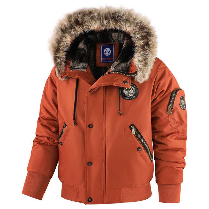 Men's padded winter coat in brick red with faux-fur hood trim and front pockets