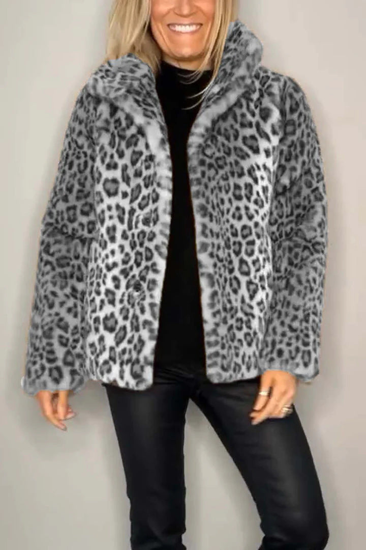 Women's Leopard Print Faux Leather Jacket | Woolen Lapel Winter Top