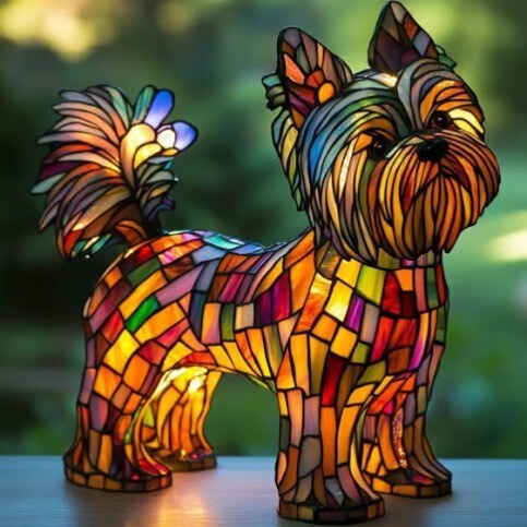 Colorful mosaic dog lamp with butterfly bow, standing with turned body