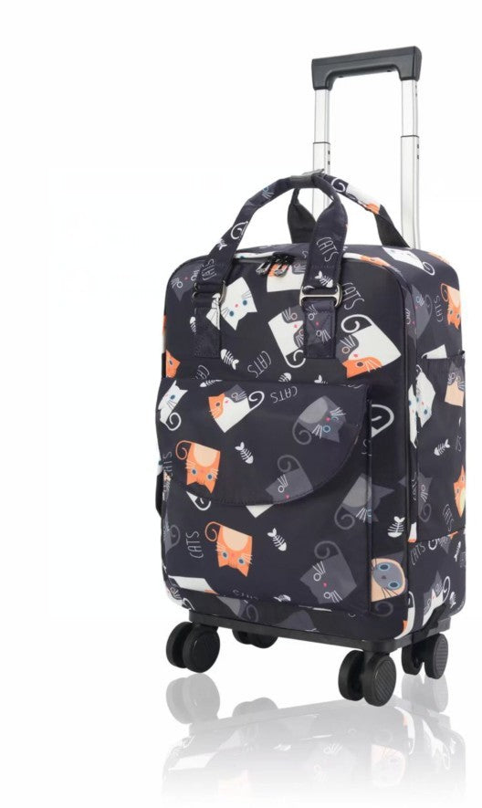 Women’s canvas trolley backpack with dark base and playful cat print, retractable handle