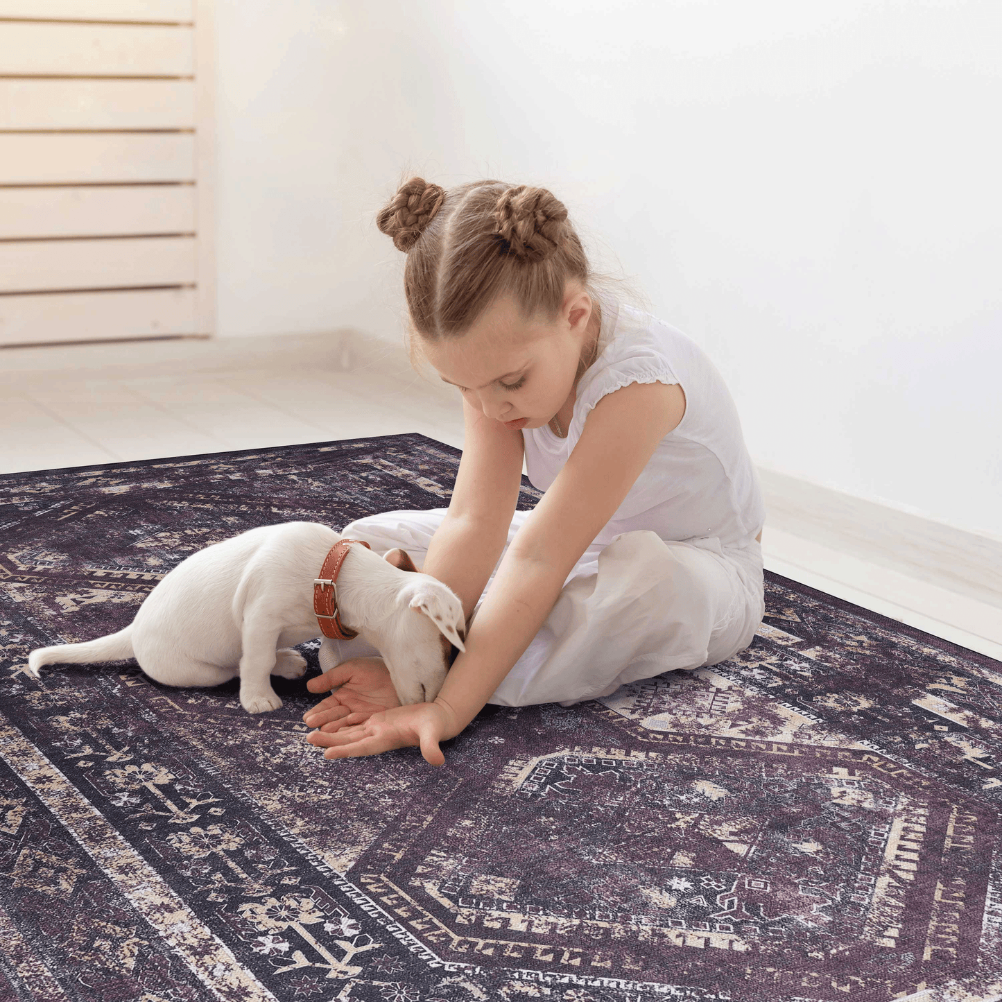 Maval Washable Area Rug - Black & Burgundy (5' x 8')