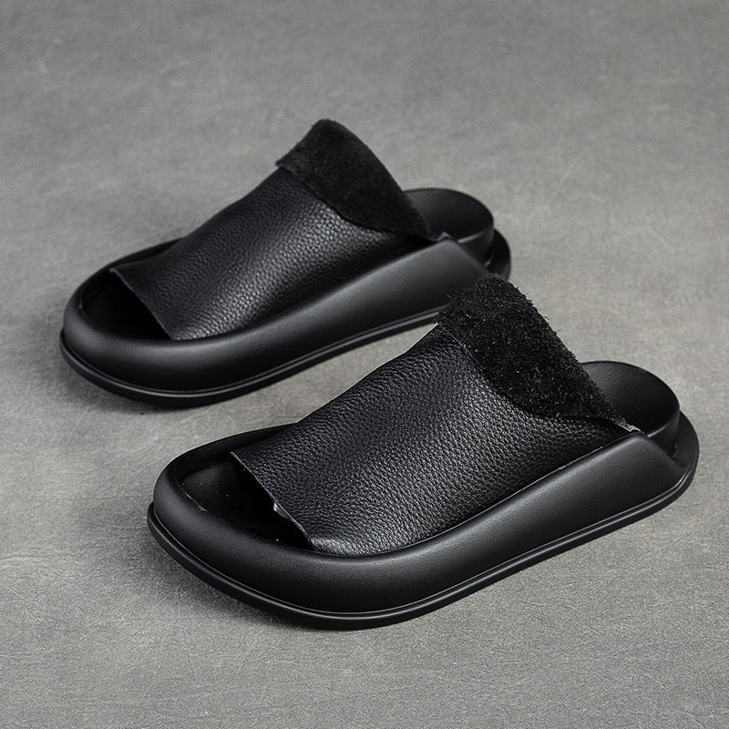 Peep Toe Flat Slippers Top Layer Cowhide Peep Toe Flat Slippers Top Layer Cowhide | Ectron Online