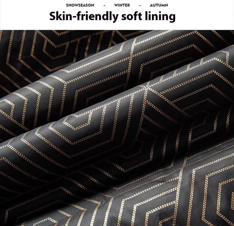 Black fabric with gold geometric patterns and text about skin-friendly soft lining.