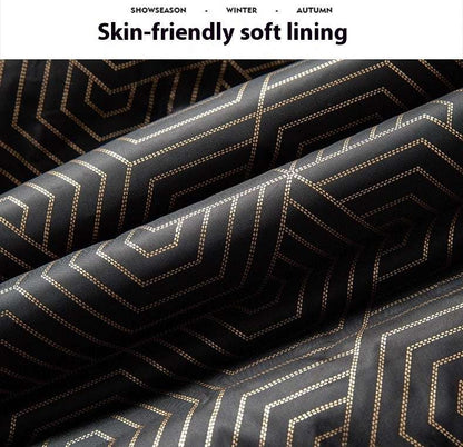Black fabric with gold geometric patterns and text about skin-friendly soft lining.