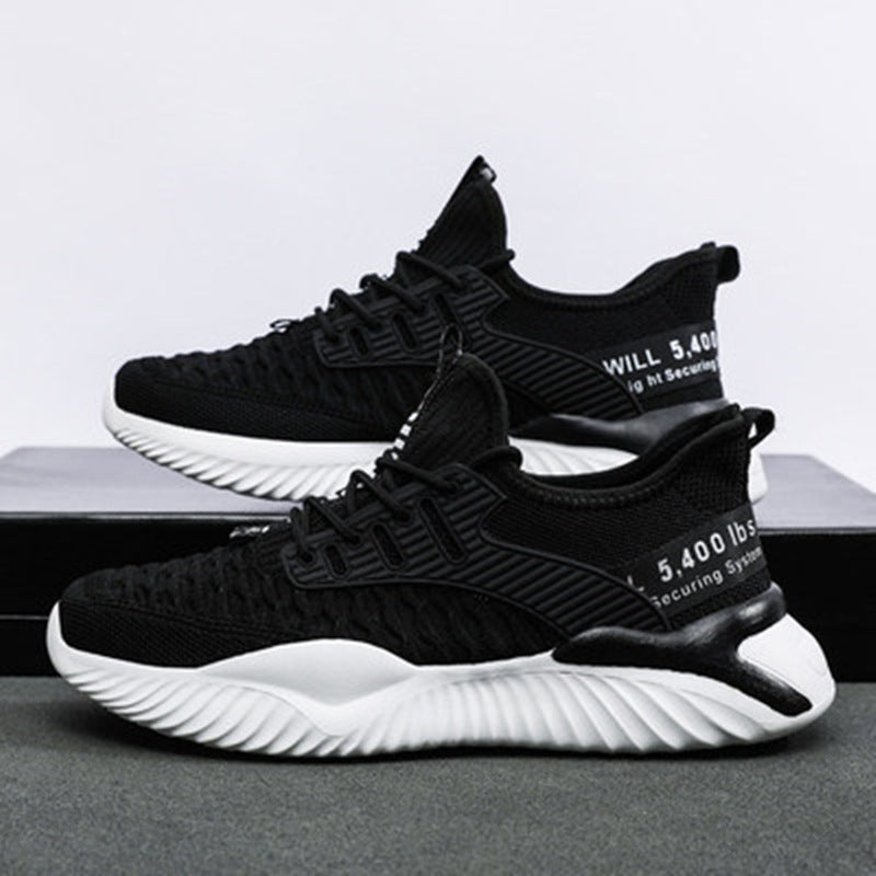Black knit running shoes with white ribbed sole and dark heel patch