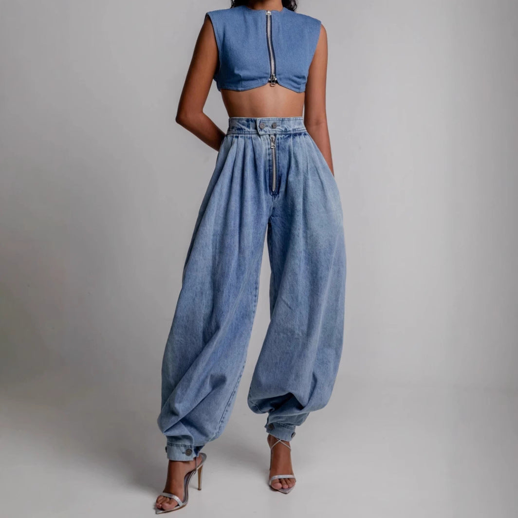 Women's High-Waist Zipper Harem Jeans